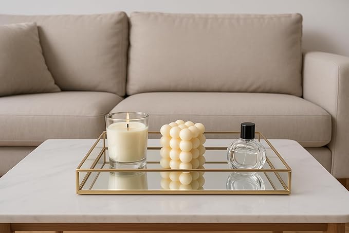 Feyarl Gold Glass Perfume Fragrance Tray Mirror Vanity Jewelry Trinket Magazine Photo Organizer Ornate Cosmetic Makeup Display Decorative Coffee Table Tray for Home Decor Dresser Tabletop （11.8” x 8"）