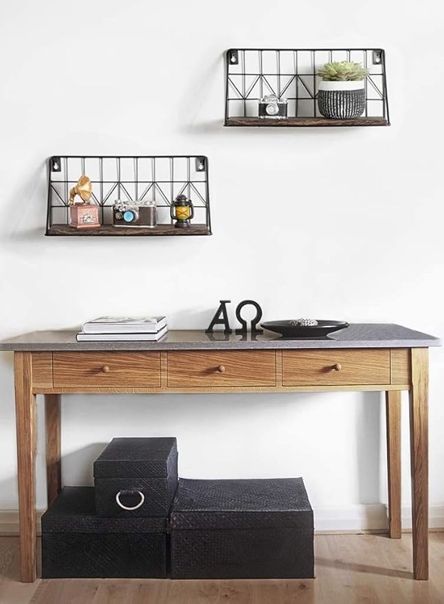 Mkono Floating Shelves Wall Mounted Set of 2 Rustic Wood Storage Display Shelf with Metal Wire Basket 11.5 Inches, Hanging Shelf for Bedroom Bathroom Living Room Kitchen Office, Brown,Small
