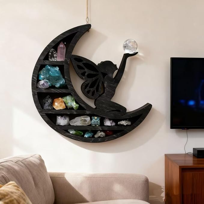 Wooden Moon Shelf for Crystals Display, Rustic Wooden Fairy Shelf for Crystals, 14In Large Wall Mounted Crystal Display Gothic Witchy Home Decor (Moon Fairy)