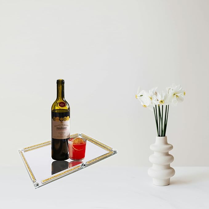 Gold Glass Tray, 11.8" x 7.9" Decorative Crystal Glass Cosmetic Perfume Display Tray for Gorgeous Dresser Countertop,Noble Jewelry Organizer with Diamond for Home Decor,Banquet Party