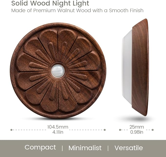 Wood Flower Motion Sensor Night Light, Mini Lamp with Embossed 3D Floral Surface, Rechargeable Warm Light, Stick-On Magnetic Mount for Home Decor, Bedroom, Hallway, Stair (Round Black Walnut *1Pack)