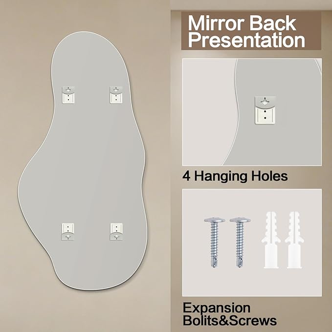 Niccy 48"×24" Frameless Cloud Full Length Mirrors, Long Wall-Mounted Mirror for Living Room, Large Full Body Floor Mirror, Explosion-Proof Tall Hanging-Mirror for Bathroom Bedroom Entryway Decor