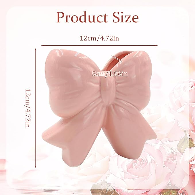 Pink Bow Ceramic Vase Contemporary Design Decorative Pink Bow Decor Vase Pen Holder Makeup Brush Holder Women Gift for Mother's Day Home Office Shelf Table Living Room