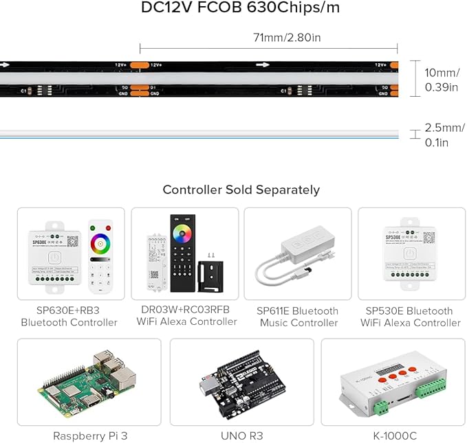 BTF-LIGHTING FCOB WS2811 IC RGB COB LED Strip 16.4FT DC12V 630LED/m Flexible High Density Uniform Chasing Color Light 14IC/m 10mm Width Black PCB for Home Indoor Decor(No Adapter or Controller)