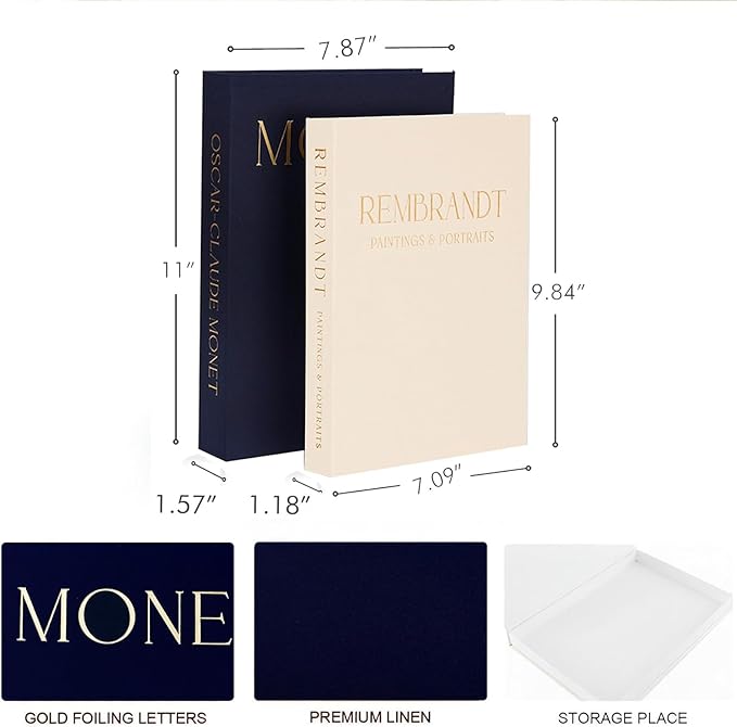 Decorative Books -Set of 2 Linen Covered Boxes Enhance Your Coffee Table,Bookshelf Decors,Aesthetic Fake/Faux Book for Modern Home Decoration, Jewelry Box and Photo Storage Box（Dark Blue and Beige）