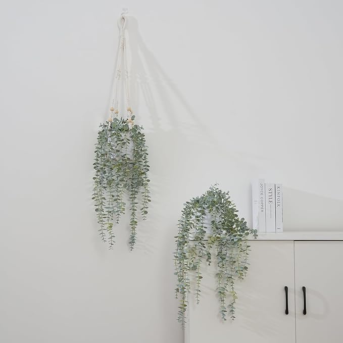 Decorative Hanging Plants for Shelf, Faux Ivy Eucalyptus Vine, Fake Greenery in White Pot (Extra Large)