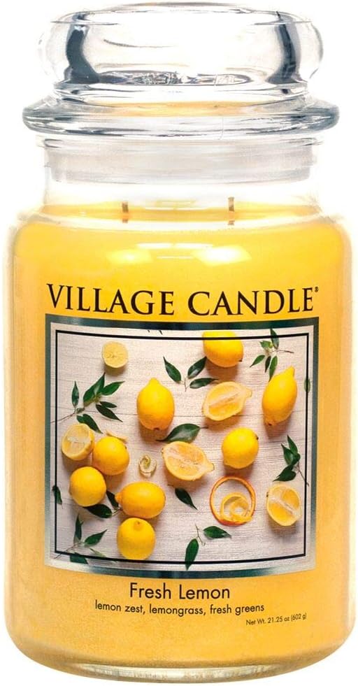 Village Candle Fresh Lemon Large Apothecary Jar, Scented Candle, Yellow, 21.25 oz.