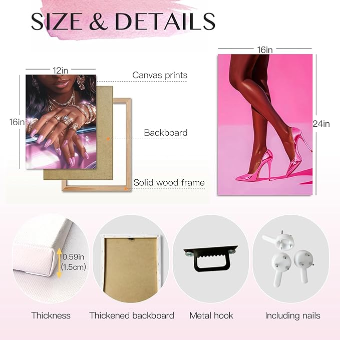 Pink Fashion Black Girl Canvas Wall Art Set of 3 African American Black Woman Posters Wall Decor Fashion Black Woman Pictures Prints for Living Room Bedroom Artwork Home Decoration 16x24Inch Framed