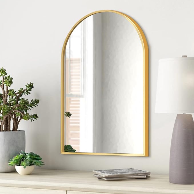 Arched Wall Mirror, Gold Decorative Hanging Mirror, 36"x24" Vanity Mirror Brushed Aluminum Alloy Frame for Bathroom, Bedroom, Living Room, Entryway, Hang Vertical or Horizontal