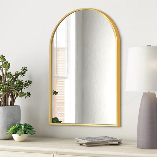 Arched Wall Mirror, Gold Decorative Hanging Mirror, 36"x24" Vanity Mirror Brushed Aluminum Alloy Frame for Bathroom, Bedroom, Living Room, Entryway, Hang Vertical or Horizontal