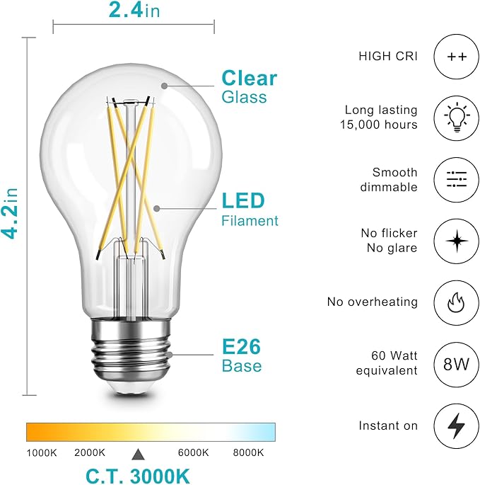 TJOY 12 Pack A19 Vintage LED Edison Bulbs, Dimmable, 60W Equivalent, High Brightness 3000K Soft Warm White, 8W E26 Standard Base, 800 Lumens, CRI80+, Clear Glass Filament Bulb for Home, Farmhouse