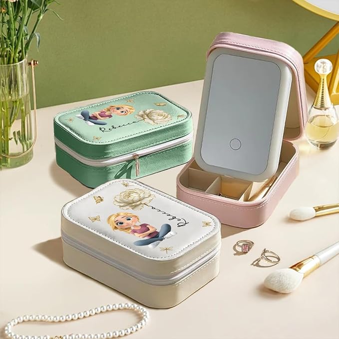 Wrappiness Women & Girls Floral Makeup Box With LED Mirror - Personalized Birthmonth Flower Travel Jewelry Organizer Gift for Daughters Sisters on Birthday Christmas Graduation Wedding