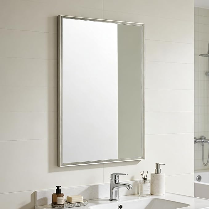 Bathroom Mirror for Wall, 20x30 Inch Metal Framed Mirror, Brushed Nickel Rectangle Mirror, Bathroom Vanity Mirror Farmhouse, Tempered Glass, Anti-Rust, Hangs Horizontally or Vertically