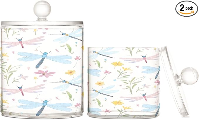 Watercolor Butterfly Flowers Soft Color Clear Plastic Makeup Organizer Storage with lid Dresser Essentials Decorative Dental floss storage jar for Cotton Swabs,Cotton Pads,Floss Picks,Paper