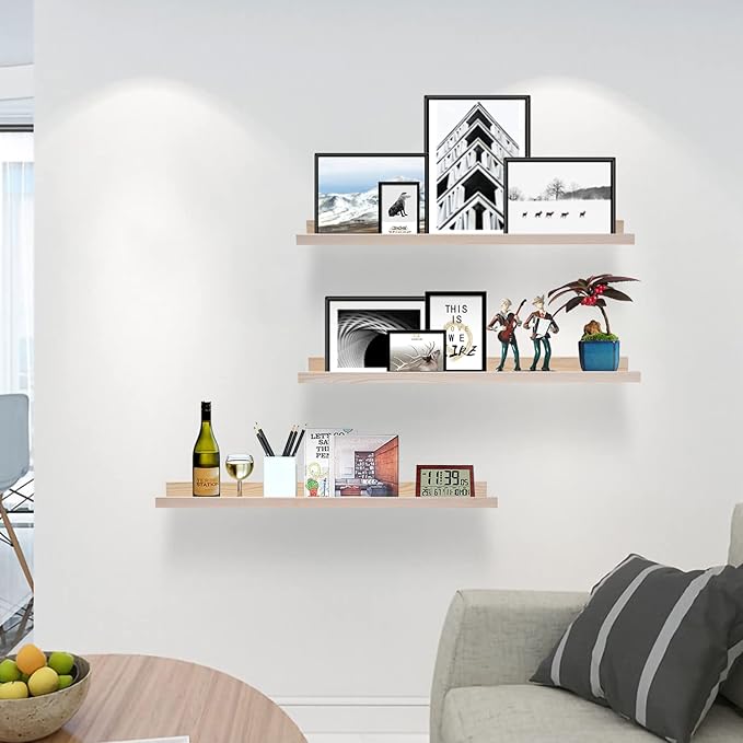 AZSKY 24 Inch Picture Ledge Floating Shelves Set of 3, Solid Wood Wall Mounted Photo Shelf & Nursery Bookshelf for Bedroom, Living Room, Kitchen, Bathroom Decor & Storage- Display Frames, Plants