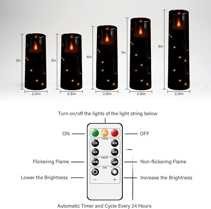 kakoya Flameless LED Candles with Timer 5 Pc Flickering Flameless Candles for Romantic Ambiance and Home Decoration Stable Acrylic Shell,with Embedded Star String,Battery Operated Candles（Black）