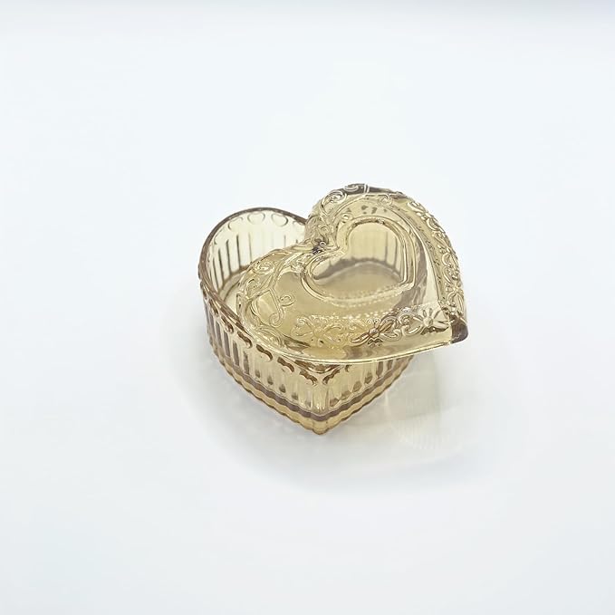 Glass Jewelry Box Heart Shape Cute Box for Storage Ring Earring Trinket Vintage Jewelry Organizer Decorative Gift for Women Girls-GRB003-Amber