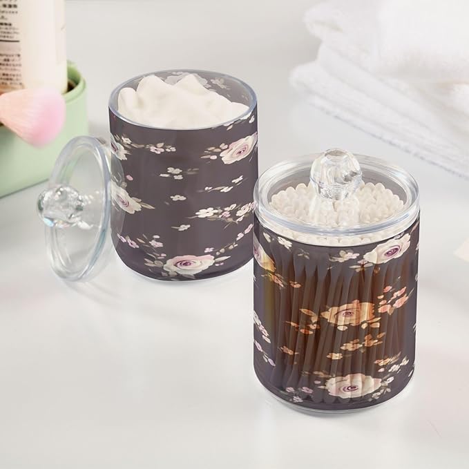 Nander 2Pack Retro Purple Rose Qtip Holder Dispenser -Clear Plastic Apothecary Jars Set - Restroom Bathroom Makeup Organizers Containers for Cotton Swab, Ball, Pads, Floss