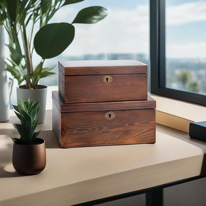 Wooden Box with Hinged Lid - 2 Pack - Vintage Decorative & Lockable Chest - for Keepsakes, Valuables, Accessories, Treasured Items - Walnut-Like Wood Finish, Aged Brass Hinges & Antique Lock