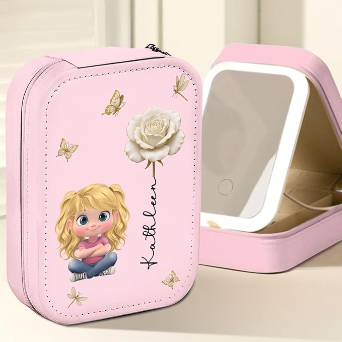 Wrappiness Women & Girls Floral Makeup Box With LED Mirror - Personalized Birthmonth Flower Travel Jewelry Organizer Gift for Daughters Sisters on Birthday Christmas Graduation Wedding