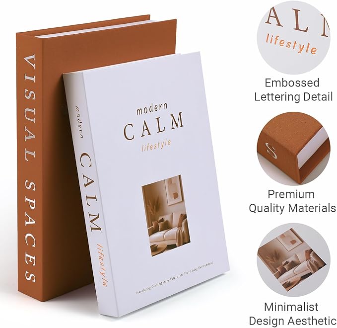 Minimalist Decorative Books for Home Decor - Set of 2 Aesthetic Faux/Fake Book Boxes Enhance Coffee Table, Mantel or Bookshelf Decor, Beautiful Photo Storage & Keepsake Box