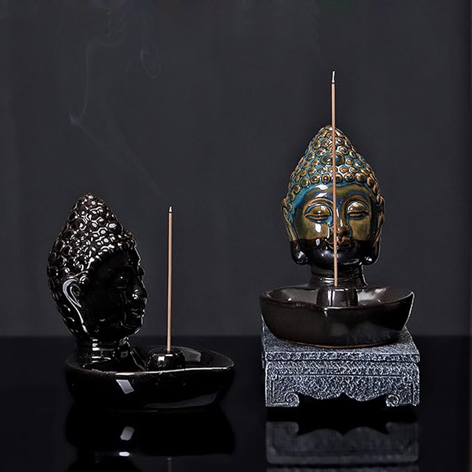 Buddha Head Incense Holder for Sticks, Small Ceramic Incense Burner Healing, Meditaiong, Zen, Timer of Spa or Yoga, with Ash Catcher (Blue)