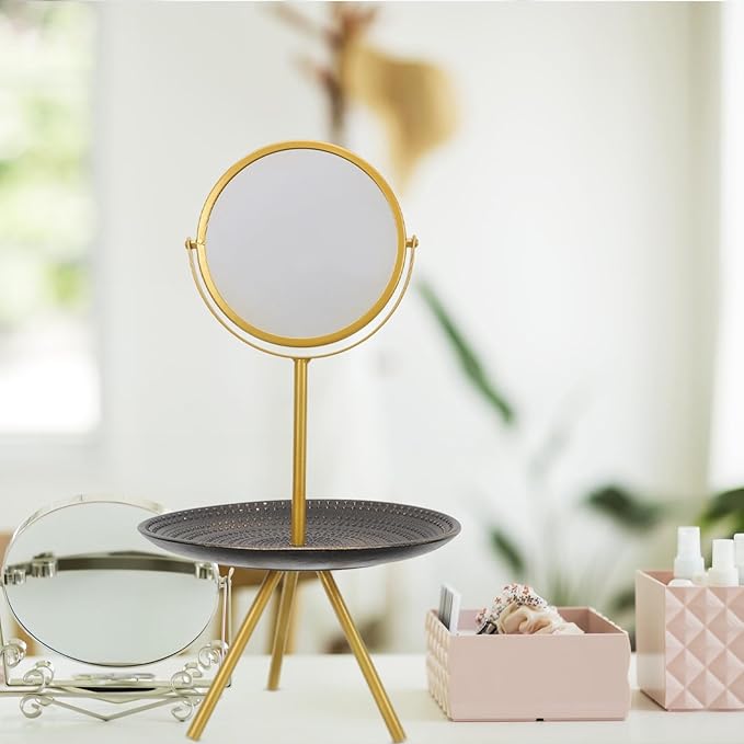 balacoo Vintage Makeup Mirror with Jewelry Tray, Rotatable European Style Vanity Mirror for Bedroom Desk, Retro Cosmetic Organizer and Home Decor