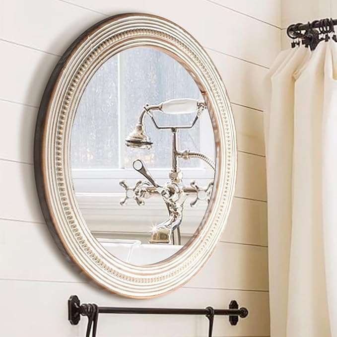 Reflinto 24 Inch Boho Wooden Round Mirrors for Wall Decor, Rustic Farmhouse Decorative Circle Mirror for Bathroom Over Sink, Living Room, Entryway, Bedroom