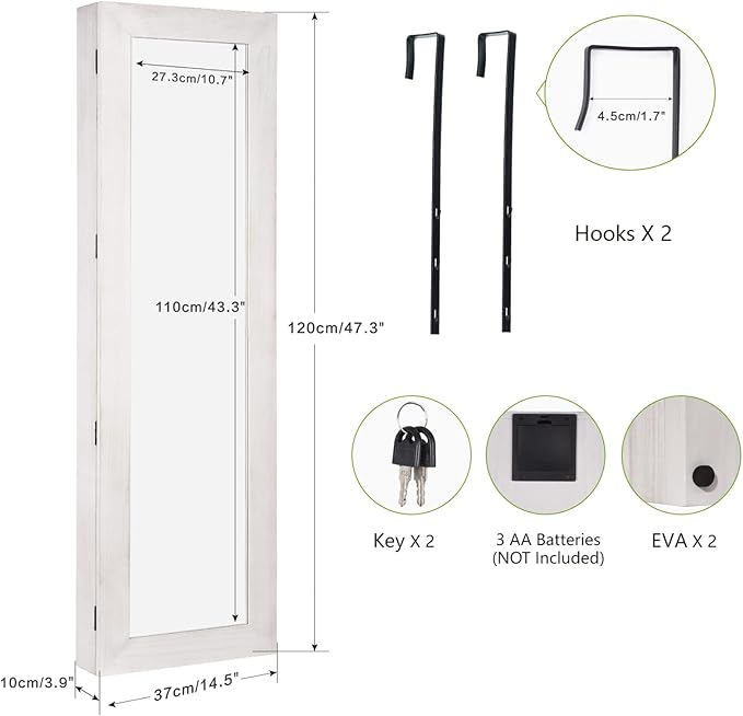 SRIWATANA Jewelry Armoire Cabinet, Solid Wood Jewelry Organizer with Full Length Mirror Wall/Door Mounted(Washed White)
