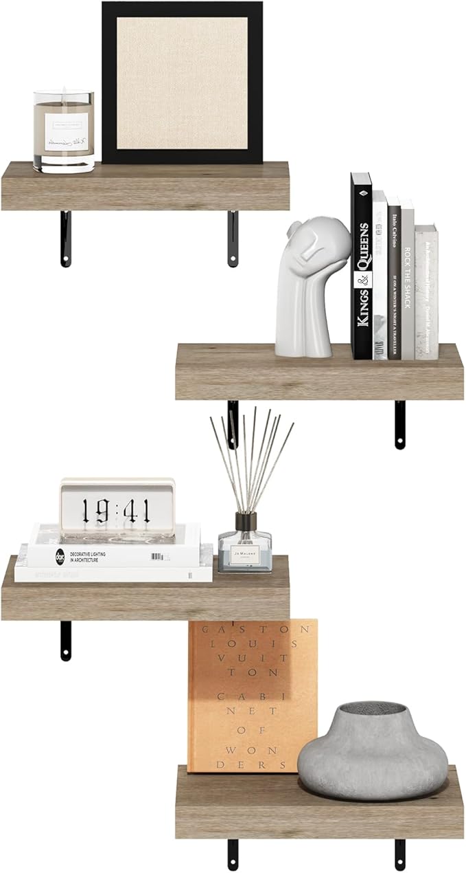 Furinno Tanna Floating Shelves for Wall Set of 4, 15-Inch Wall Shelf, Triple Thick Floating Mounted Shelf, for Bathroom, Home Office, Living Room, Natural