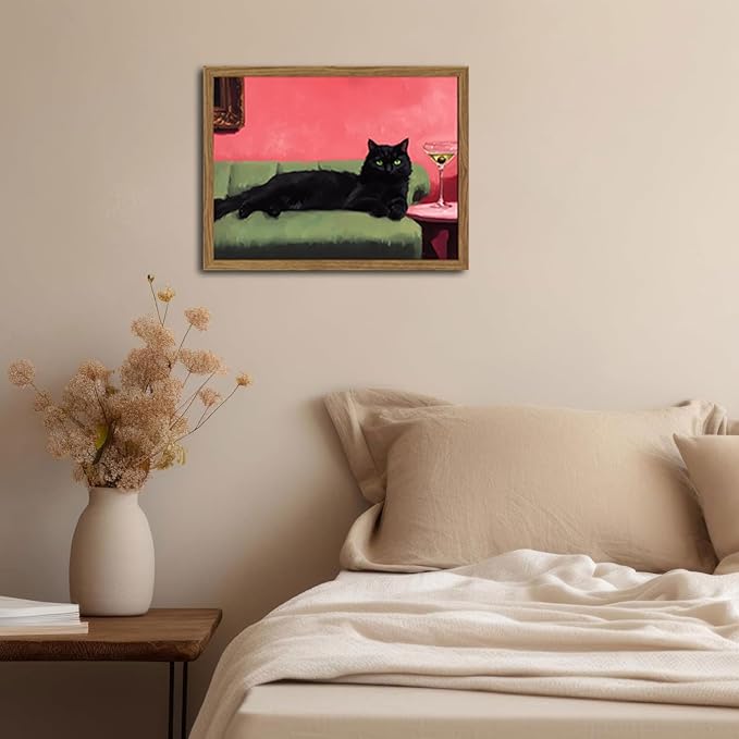 Cute Black Cat With Martini Wall Art Funny Animal Wall Decor Quirky Whimsical Cocktail Bar Cart Canvas Painting Poster Prints Pet Lover Picture Aesthetics for Bedroom Living Room Framed 16x24 inch