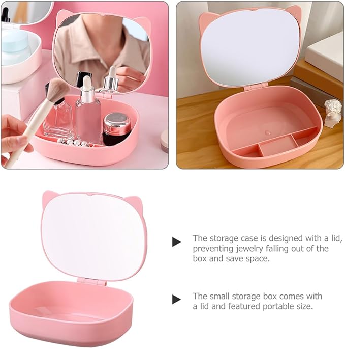 ARTIBETTER Small Jewelry Storage Box with Mirror and Cat Ear Hair Clip, Pink Cosmetic Holder and Hair Tie Organizer, Compact Makeup and Accessories Case for Travel and Home