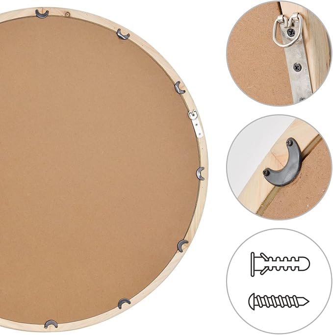 sawsile Round Wood Mirror 24" Natural Circle Wooden Nursery Farmhouse Rustic Decorative Large Wall Mirror for Bathroom,Living Room, Fireplace,Hallway