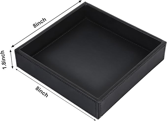 HofferRuffer Faux Leather Vanity Tray, Elegant Desktop Storage Organizer, Decorative Catchall for Perfume, Bathroom Valet, Nightstand or Dresser, 8 x 8 x 1.8 inches (Black)