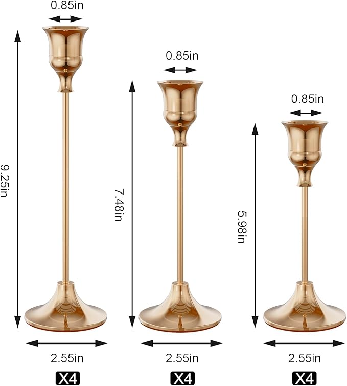NLBTW Set of 12 French Gold Candle Holders for Taper, Vintage Candlestick Holder Decorative Metal Candle Sticks Home Decor Centerpieces for Table Mantel Festive Decorations