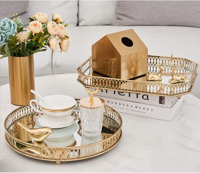 Vintage Gold Mirror Tray,Round Shape(12.6in) Ornate Geometric Brass Plated and Glass Display Storage Organizer,Jewelry Perfume Makeup Organizer Tray, for Dresser, Bathroom, Bedroom