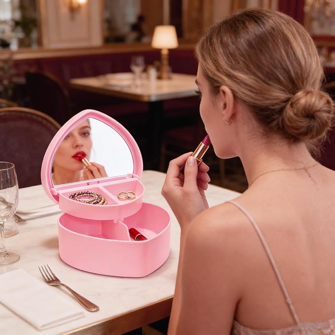 Bling Heart Jewelry Box for Girl，Jewelry Storage Organizer with Heart Make up Mirror,Glitter Jewelry Case Pendant Necklace Box for Earrings Rings Bracelets