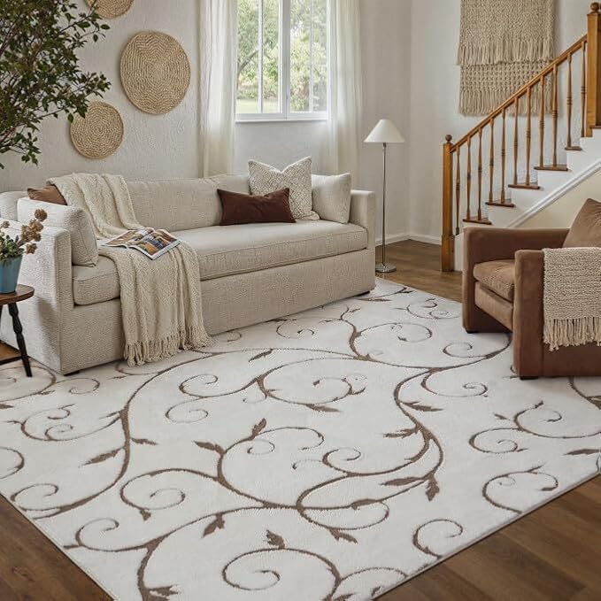 PureCozy Washable Neutral Area Rug 5x8 Beige Soft Shag Rugs for Living Room Modern Boho High Pile Non-Shedding Throw Rugs Non Slip Indoor Office Carpet for Playroom Bedroom Home Aesthetic Decor