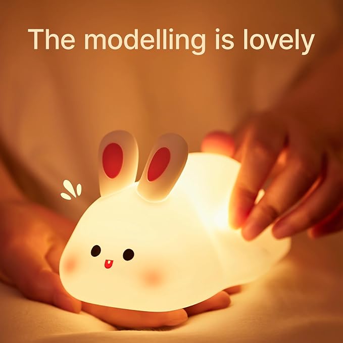 Night Light for Kids, Chubby-Faced Rabbit lamp 3-Level Dimmable USB Rechargeable Lamp with Timer, Soothing Animal Toy for Nursery Bedroom Dorm Decor, Gift for Boys Girls Teens Adults