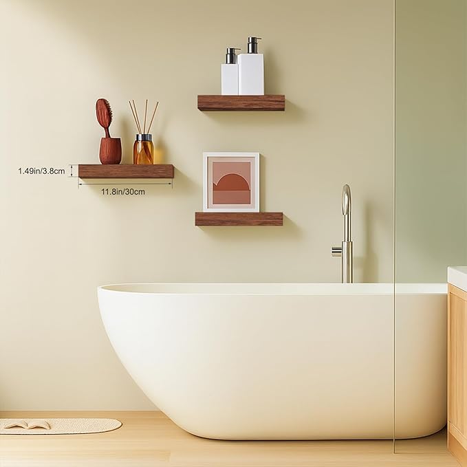 Floating Shelves for Wall, Bathroom Shelves Over Toilet, Wall Shelves & Book Shelf, Hanging Shelf, Modern Wooden Wall-Mounted Small Floating Shelves, 12x7x1.5 in (Walnut-Like, Set of 3)