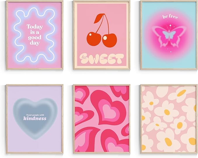 Habseligkeit Pink Gradient Aura Posters for Room Decor Aesthetic, Danish Pastel Cute Room Decor, Cozy Wall Art Prints for Girs Dorm Aesthetic Decor Unframed, 8x10in, Set of 6