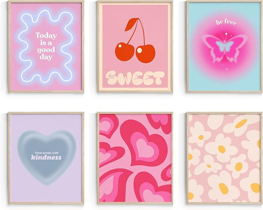 Habseligkeit Pink Gradient Aura Posters for Room Decor Aesthetic, Danish Pastel Cute Room Decor, Cozy Wall Art Prints for Girs Dorm Aesthetic Decor Unframed, 8x10in, Set of 6