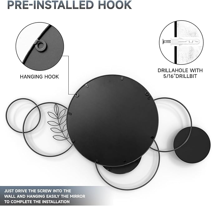 Wall Mirror Decorative, Print Round Decorative Mirrors, Large Decor Metal Wall Art Mirro for Entryway, Living Room, Bedroom, Dining Room Kitchen Decor 45''x25.5''