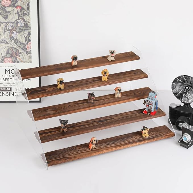 1 PACK Extra Large 5 Steps Display Shelf Stand 24*17*12 inches Clear Acrylic Riser Shelves Wood Acrylic Storage for Figure Collection Cupcake Desserts Holder Cologne Organizer for Men (Brown)