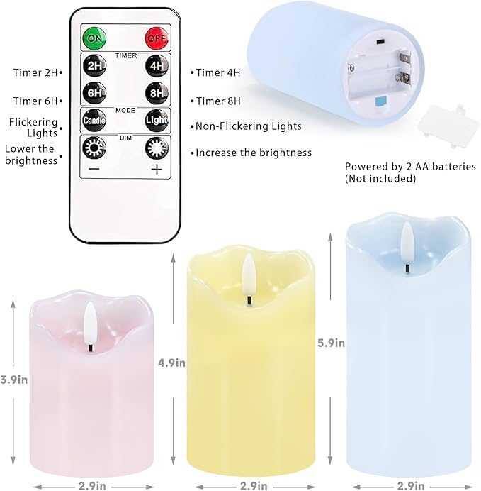 Flameless Candles Light, Set of 3 Pastel Spring LED Candles with Remote & Timer, Flickering Easter Pillar Candles Battery Operated, Real Wax Electric Candles for Home Spring Easter Decor (3 Colors)