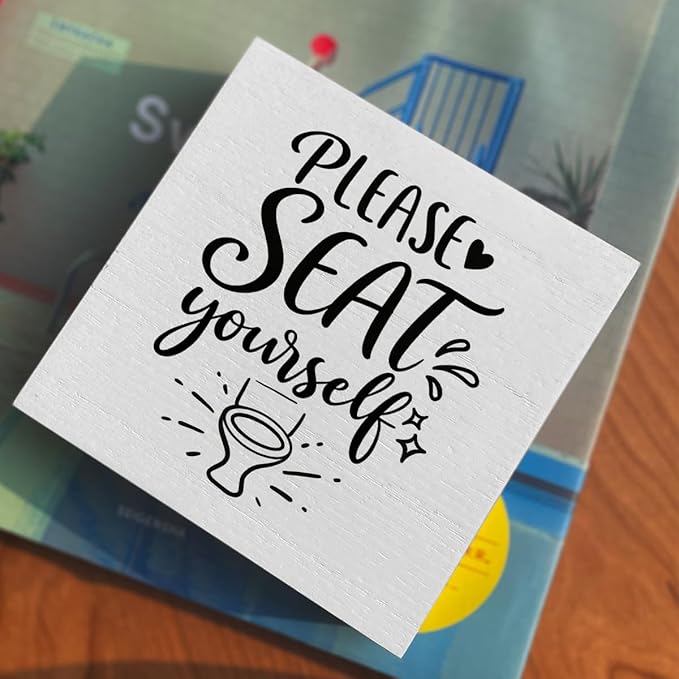 Funny Rustic Bathroom Decor Wooden Box Sign 5x5 Inch - "PLEASE SEAT yourself" Humorous Restroom Shelf Table Decor, Farmhouse Style Wall Countertop Ornament for Home Guest Bathroom Housewarming Gift