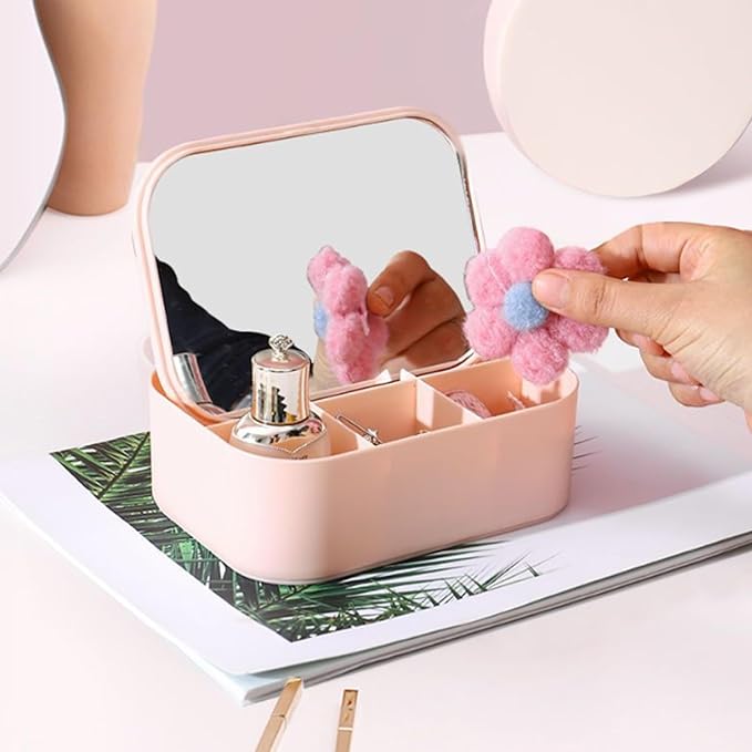 Makeup Mirror Storage Box, Travel Makeup Bag with Mirror, Portable Desktop Organizer Vanity Case for Women Beauty Tools