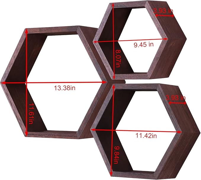 PHOENANCEE Hexagon Floating Shelves,Honeycomb Shelf Set of 3,Wood Farmhouse Hexagonal Decor Wall Storage for Living Room Bedroom Kitchen Office(Walnut)