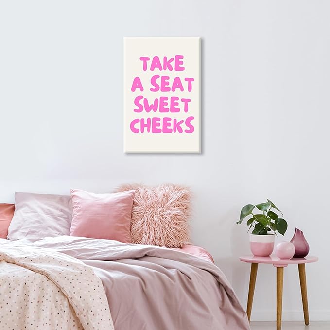abrtolpffo Pink Take A Seat Sweet Cheeks Canvas Wall Art, Cute Quotes Aesthetic Poster for Room, Funny Bathroom Wall Decor, Trendy Girly Light Pink Restroom Picture Print 16x24in Wrapped Canvas