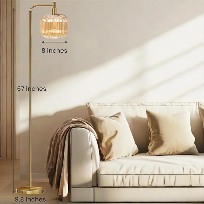 Mid Century Modern Floor Lamp, 67" Tall Standing Lamp with Transparent Amber Glass Shade, Vintage Gold Floor Lamp for Living Room Bedroom, Stable 6.2lbs Weighted Base, ST64 LED Bulb Included